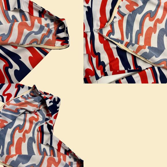 Vintage 70s abstract dress, 29" waist handmade 1970s red/white/blue midi dress - Picture 8 of 8